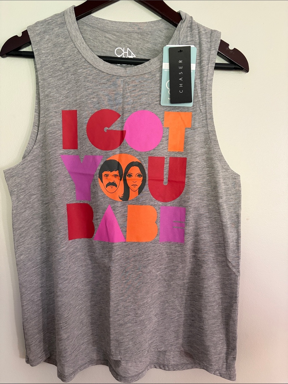 Chaser Sonny & Cher Gray Muscle Tank with Pink, Red, Orange & Purple Graphic